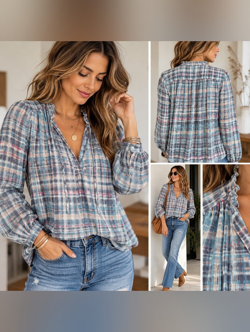 ✨ Joie Blue Plaid Ruffle Neck Blouse — Size Large
